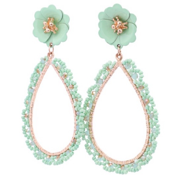 Mint Teardrop Drop Flower Post Earrings - Picture 3 of 10